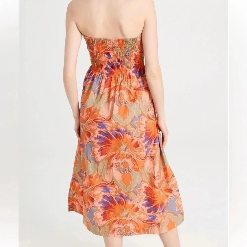 Mikoh Lido Women's Size 1 XS Vivid Floral Dress Midi Shirred Strapless Pockets - Picture 13 of 16